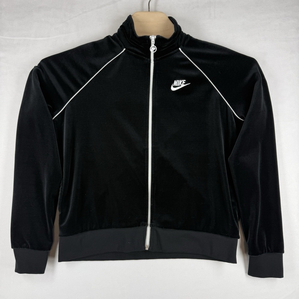 Vintage Y2K Nike Velour Track Jacket Womens M Black White Piping Full Zip